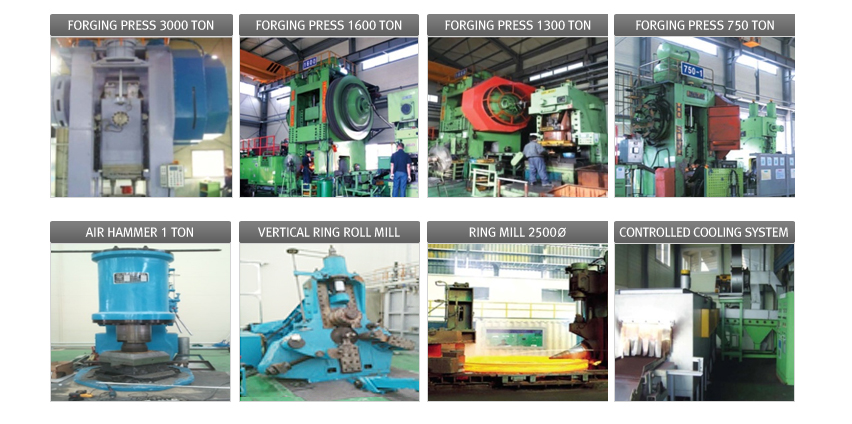 FORGING PRESS가 3000~750 TON, CONTROLLED COOLING SYSTEM, BILLET SHEAR, RING MILL 2500Ø