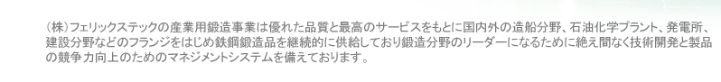 （株）フェリックステックの産業用鍛造事業は優れた品質と最高のサービスをもとに国内外の造船分野、石油化学プラント、発電所、建設分野などのフランジをはじめ鉄鋼鍛造品を継続的に供給しており鍛造分野のリーダーになるために絶え間なく技術開発と製品の競争力向上のためのマネジメントシステムを備えております。