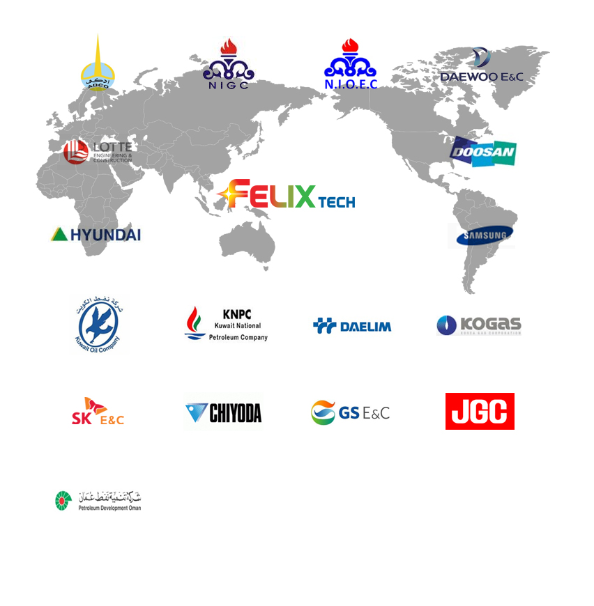 主要顧客社 - ADCO, NIGC, NIOEC, DAEWOO E&C, LOTTE, DOOSAN, HYUNDAI, SAMSUNG, kuwait oil company, KNPC, DAELIM, KOGAS, SK E&C, CHIYODA, GS E&C, JGC