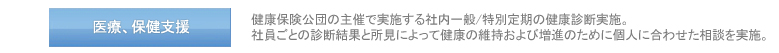 医療、保健支援 : 健康保険公団の主催で実施する社内一般/特別定期の健康診断実施。社員ごとの診断結果と所見によって健康の維持および増進のために個人に合わせた相談を実施。